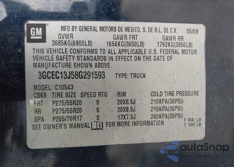 2008 Chevrolet Silverado 1500 Lt1 from USA, damaged, VIN 3GCEC13J58G291593